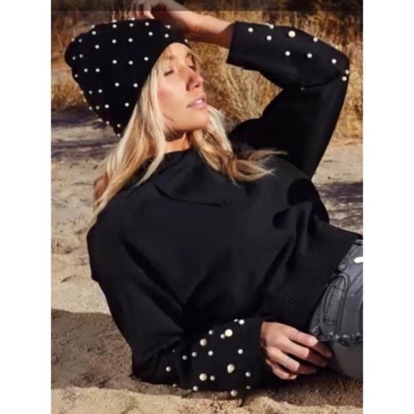 Elan Sweaters - Elan Hoodie Sweater Black Pearl Embellished Size Medium